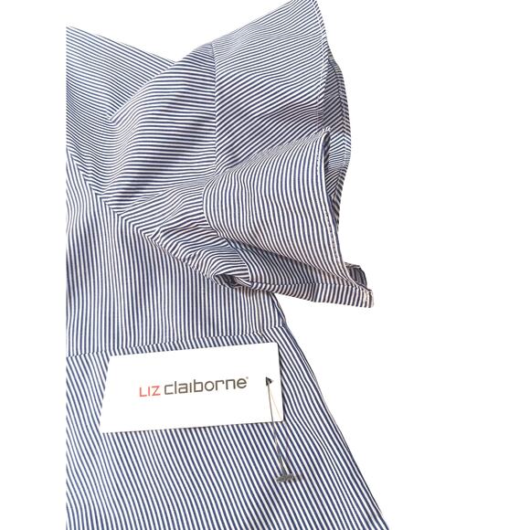 NEW LIZ CLAIBORNE Cotton Blouse Top LG V-Neck Short Flutter Sleeves Blue Crochet - Picture 4 of 10